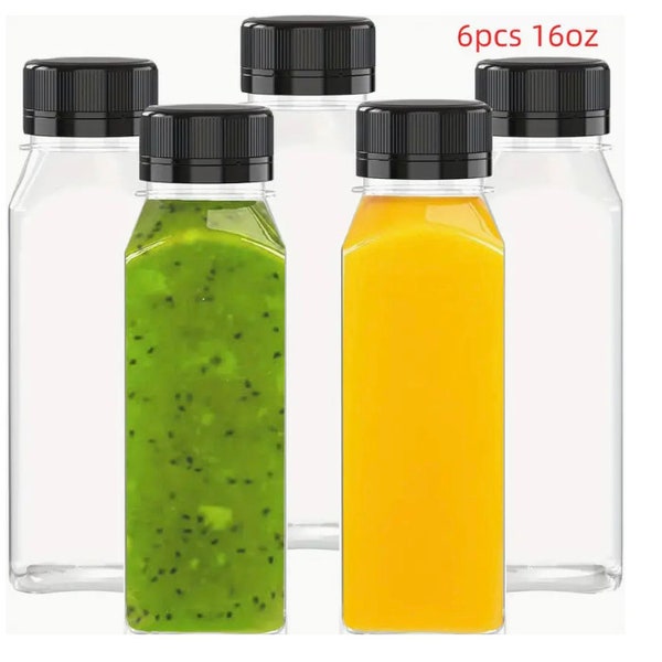 6 reusable 16 ounce drink bottles clear for juicing, beverages, salad dressings plastic