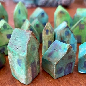 3 Tiny Ceramic clay  houses miniature mini small pottery village house cottage mini fairy garden christmas holiday decor