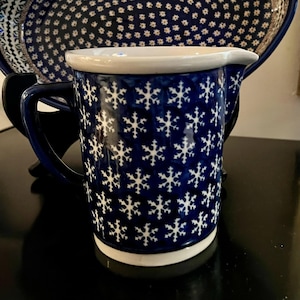 Polish pottery Christmas water pitcher Snowflake design drink server  Vintage. Over 25 years old  blue and white dish  serving