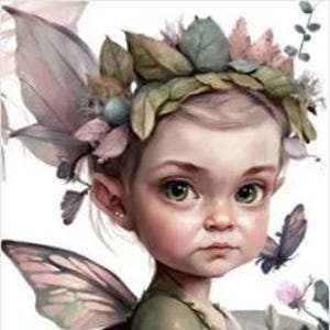 May include: A whimsical illustration of a fairy with large green eyes, a crown of leaves and flowers, and delicate butterfly wings. The fairy has a soft, pink complexion and a sweet expression.