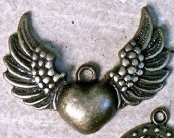 pendant charm drop wings heart antiqued quantity one measures  38mm x 30mm  or 1 1/2 x 1 inch  P12