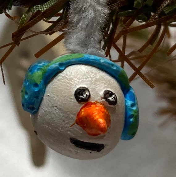 Christmas miniature tree ornament snowman clay handmade ear muff  decorations mini feather tree head face small