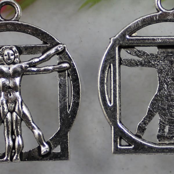 Silver charm Leonardo da vinci man The Vitruvian Man body circle pendant art renaissance jewelry findings supplies  drw500 quantity two