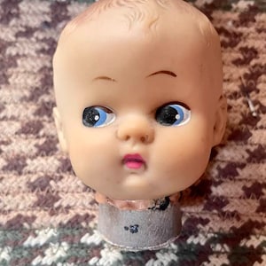 vintage rubber doll head Creepy Halloween baby parts blue eyed girl beautiful 3 1/2  inches tall molded hair