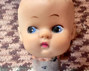 vintage rubber doll head Creepy Halloween baby parts blue eyed girl beautiful 3 1/2  inches tall molded hair