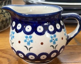 Polish Pottery creamer pitcher flowers serving  vintage  vintage blue   Boleslawiec