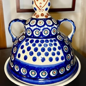 Polish pottery large cheese lady Vintage. Over 35 years old  blue and white butter  dish  serving tureen miniature Poland ceramic peacock