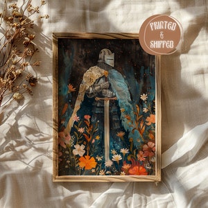 Medieval Knight Art Print | Knightcore Fantasy Art | Fantasy Sword Maximalist Decor | Gouache Painting | Eclectic Floral Wall Art