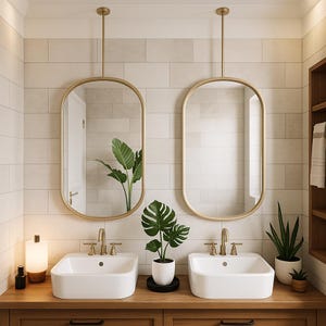 Hanging Mirror from Ceiling | Custom Ceiling Mounted Curved Rectangular Mirror with Metal Frame, Suspended Vanity Mirror, Hotel mirror
