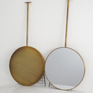 Ceiling Hanging Round Bathroom Mirror, Special Polished Antique Brass Mirror With Thin Frame, Ceiling mounted circular mirror, Vanity mirror