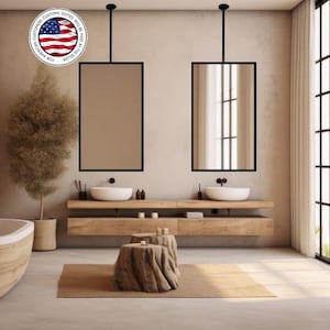 Ceiling Mount Rectangular Bathroom Mirror | Ceiling Suspended Modern Vanity Mirror, Metal Framed Hanging Mirror