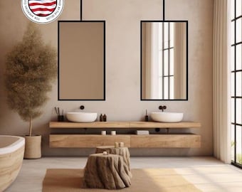 Ceiling Mount Rectangular Bathroom Mirror | Ceiling Suspended Modern Vanity Mirror, Metal Framed Hanging Mirror