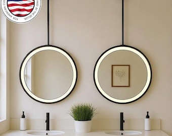 Ceiling Mounted Round LED Bathroom Mirror, Black Frame, Suspended circular Illuminated Mirror, LED Vanity Mirror,