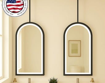 Ceiling Mounted Arched LED Mirror, Hanging Metal Framed Bathroom Mirror, Suspended Oval Illuminated Mirror, Vanity Mirror, Sink Mirror