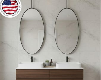Ellipse Ceiling-Hanging Bathroom Mirror | Ceiling-Mounted Contemporary Mirror | Modern Suspended Vanity Mirror | Luxury Sink Mirror