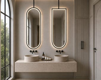 Owalne lustro LED montowane na suficie, zestaw 2 sztuk, podświetlane od przodu, wiszące łukowe lustro toaletkowe, nowoczesne lustro kapsułowe, metalowa rama, możliwość personalizacji.