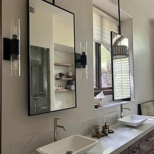 Ceiling Mount Rectangular Bathroom Mirror | Ceiling Suspended Modern Vanity Mirror, Metal Framed Hanging Mirror image 4
