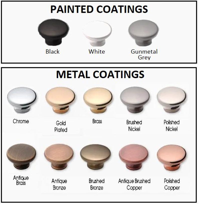 K&ouml;nnte beinhalten: Eine Tabelle mit verschiedenen Ausf&uuml;hrungen f&uuml;r Metall- und lackierte Kn&ouml;pfe. Die Ausf&uuml;hrungen umfassen Schwarz, Wei&szlig;,  Grau, Chrom, vergoldet, Messing, geb&uuml;rstetes Nickel, poliertes Nickel, Antikmessing, Antikbronze, geb&uuml;rstetes Bronze, Antikkupfer und poliertes Kupfer.