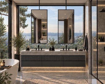 Hanging Rectangular Rustproof Bathroom Mirror, 304 Stainless Steel Vanity Mirror, PVD Titanium Coated Hanging Mirror, Suspended Sink Mirror