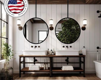 Ceiling Mounted Round Bathroom Mirror, Handmade Hanging Vanity Mirror, Contemporary Sink Mirror, Suspended Metal Mirror, Customizable