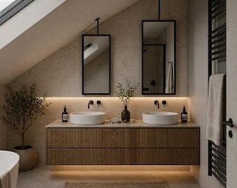 Rectangular Bathroom Mirror Mounted on Slanted Ceiling, Angled ceiling hanging mirror, Suspended Vanity Mirror, Hung Sink Mirror