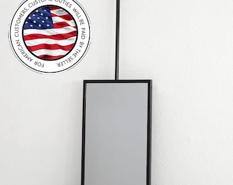 Handgemaakte rechthoekige plafondspiegel, moderne hangende make-upspiegel, plafondhangende badkamerspiegel, metalen design hangende wastafelspiegel