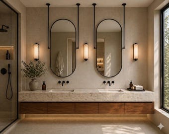Ceiling Mounted Oval Bathroom Mirror, Double Rod, Metal Frame, Custom Modern Design