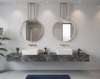 Metal-framed ceiling-mounted circular bathroom mirror, brass-plated round hung mirror, unique hanging sink mirror, modern suspended mirror