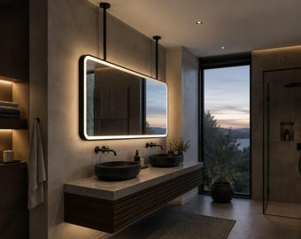 Ceiling Mounted LED Rectangular Vanity Mirror, Horizontal Model Bathroom Mirror, Metal Frame, Modern Illuminated Sink Mirror, Double Bar