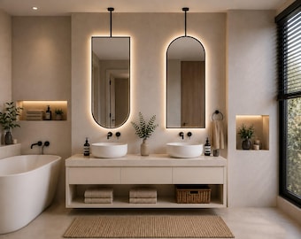 2 Sets Of Ceiling-Mounted Arched LED Vanity Mirrors, Backlit Washbasin Mirrors, Metal Frames, Customizable, Suspended Mirror, Hanging Mirror