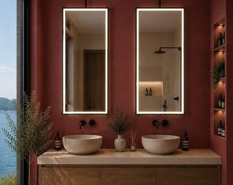 Ceiling Mount Rectangular LED Bathroom Mirror, Suspended Modern Light Vanity Mirror, Black Metal Frame, Hanging Illuminated Sink Mirror,