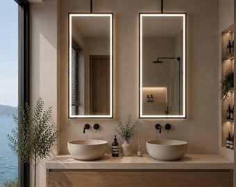 Suspended  Rectangular LED Vanity Mirror, Contemporary Illuminated Bathroom Mirror, Hanging Light Sink Mirror, Metal Frame, Customizable