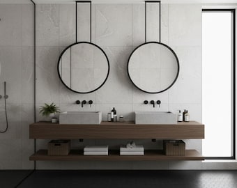 Modern Round Ceiling Mounted Bathroom Mirror, Black Metal Frame, Hanging Vanity Mirror, Hung Contemporary Sink Mirror, Suspended Mirror