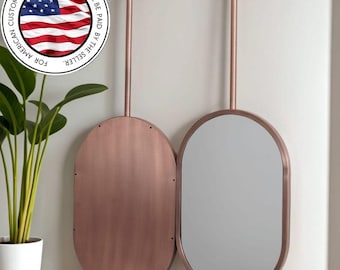 Ceiling Mounted Oval Mirror, Copper Frame, Suspended Vanity Mirror