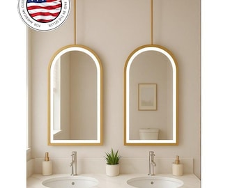 Arched LED Ceiling-Mounted Mirror, Brass-Plated Vanity Mirror, Modern Sink Mirror, İlluminated bathroom mirror, Suspended led mirror