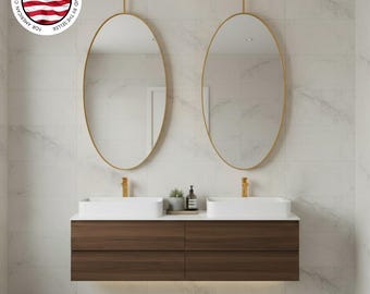Ceiling Mounded Ellipse Bathroom Mirror, Gold Metal Framed, Ceiling Hanging Contemporary Mirror, Modern suspended  Vanity Mirror