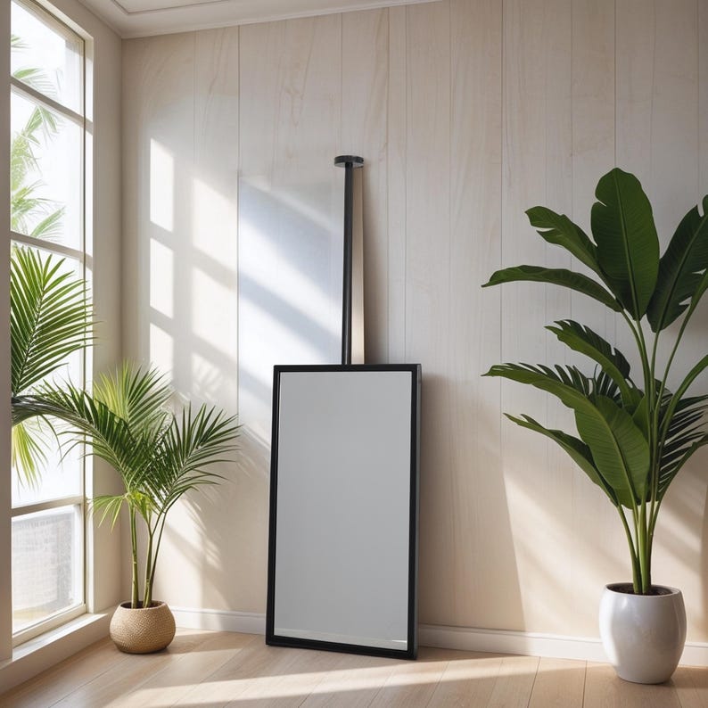 May include: A rectangular full-length mirror with a black frame, suspended from a black pole. The mirror is set against a light-toned wall, with sunlight entering from a window. Two potted plants are in the room.
