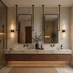 May include: A modern bathroom with a double vanity. The vanity features a marble countertop, dark wood cabinets, and black fixtures. Two rectangular mirrors hang above the sinks, suspended from the ceiling. The room is lit by sconces and a strip of light under the vanity.
