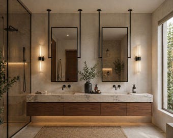 Hanging Rectangular Bathroom Mirror, Double Rod, Suspended Vanity Mirror, Metal Frame, Modern Design Sink Mirror