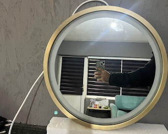 吊り下げ式円形照明付きミラー、天井取り付け式LED化粧鏡、LEDシンクミラー、金属フレーム、モダンミラー