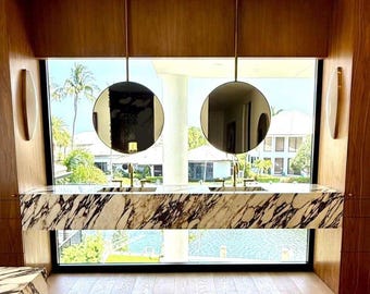 Ceiling Mounted Round Modern Bathroom Mirror, Hanging Circular Makeup Mirror, Barber and Hairdresser Mirror, Contemporary Sink Mirror, Metal