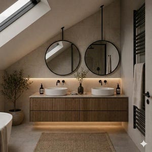 Espejo redondo para baño montado en techo inclinado, espejo colgante para techos en ángulo, espejo de tocador suspendido, espejo suspendido para lavabo