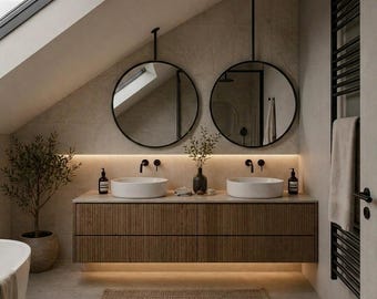 Espejo redondo para baño montado en techo inclinado, espejo colgante para techos en ángulo, espejo de tocador suspendido, espejo suspendido para lavabo