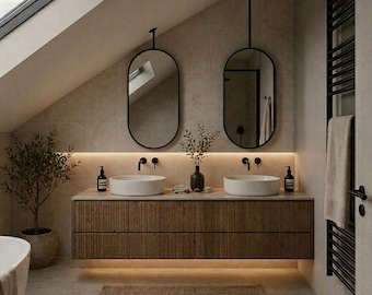 Oval Bathroom Mirror Mounted on Slanted Ceiling, Angled ceiling hanging mirror, Suspended Vanity Mirror, Hung Sink Mirror