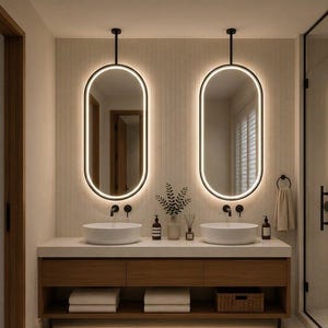 Puede incluir: Dos espejos de pared ovalados con retroiluminaci&oacute;n LED integrada, suspendidos por varillas verticales negras sobre un mueble de ba&ntilde;o de madera. El mueble cuenta con dos lavabos blancos, grifos negros y estantes abiertos con toallas blancas.