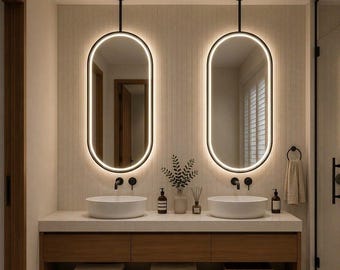Ceiling-Mounted Oval LED Bathroom Mirror, Contemporary Hanging Vanity Mirror, Illuminated Capsule Mirror, LED Sink Mirror, Customizable