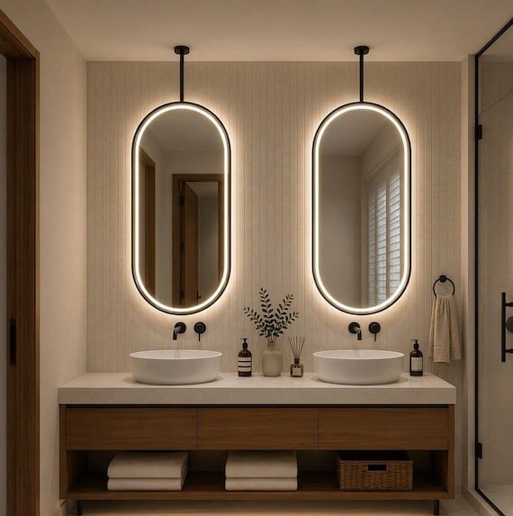 Ceiling-Mounted Oval LED Bathroom Mirror, Contemporary Hanging Vanity Mirror, Illuminated Capsule Mirror, LED Sink Mirror, Customizable
