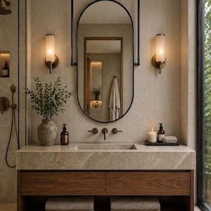 May include: A modern bathroom with a large oval mirror framed in black, suspended from the ceiling. The vanity features a stone countertop, wooden cabinets, and a built-in sink. Two sconces flank the mirror, and a vase with greenery sits on the counter.