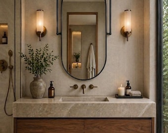 Ceiling Mounted capsule Bathroom Mirror, Double Rod, Suspended Vanity Mirror, Metal Frame, Modern Design
