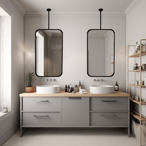 Ceiling mounted suspended bathroom mirror, Curved rectangular mirror, Barber mirror, Hairdresser salon mirror, Metal mirror, Modern mirror